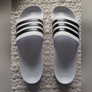 Adidas White Slides with Black Stripes